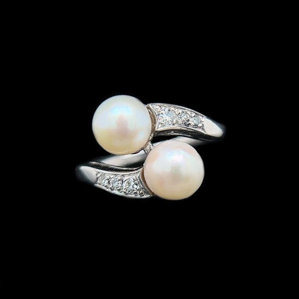 Art Deco Akoya 7mm-7.1mm Pearl & Diamond Bypass Antique Fashion Ring White Gold - J37888
