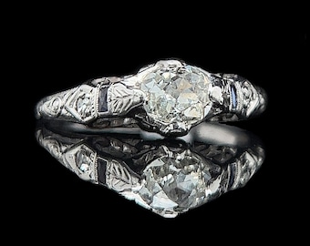 Edwardian .50ct. Diamond & Sapphire Antique Engagement - Fashion Ring Platinum - J37409