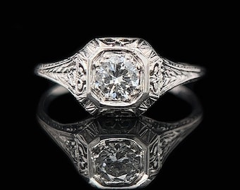 Art Deco .53ct. Diamond Antique Engagement - Fashion Ring 18K White Gold - J36038