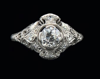 Art Deco .74ct. Antiker Verlobungsring mit Diamant und Platin – Modering Lamberts – J34390