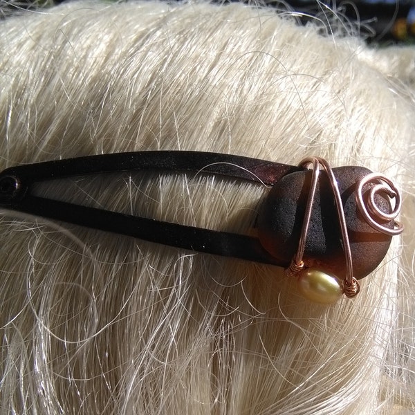 Hair Clip Deep Honey Sea Glass Fresh Water Pearl Vancouver Island BC Canada > Free Shipping in North America