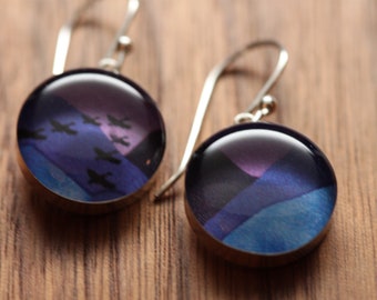 Canadian Geese earrings made from recycled Starbucks gift cards. sterling silver and resin.