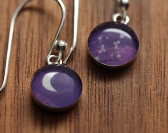 Tiny Moon earrings made from recycled Starbucks gift cards, sterling silver and resin.