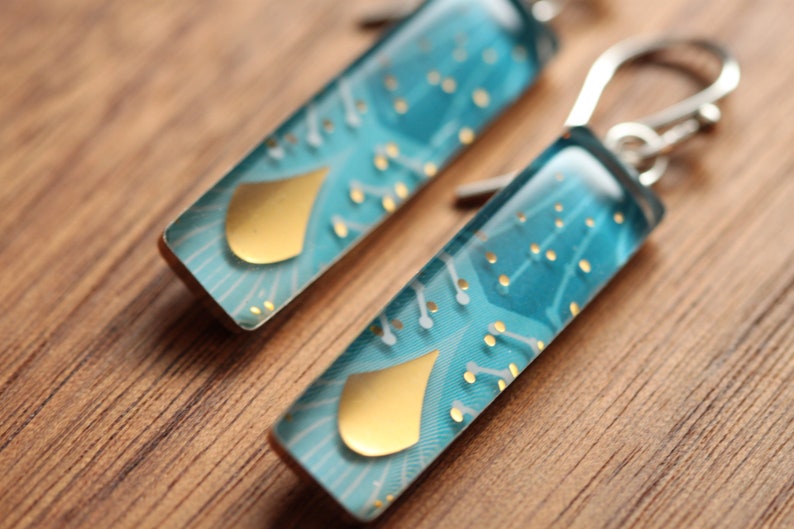 turquoise chandelier earrings made from recycled Starbucks gift cards. sterling silver and resin. image 1