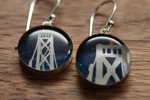 San Francisco Bay Bridge Earrings Made From Recycled Starbucks Gift Cards. Sterling Silver and Resin. Etsy