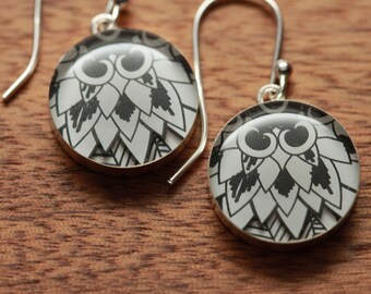 Black and white Chrysanthemum earrings made from recycled Starbucks gift cards, sterling silver and resin