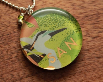 San Francisco Great Blue Heron necklace in sterling silver, resin, diamond cut sterling silver chain and recycled, upcycled  gift cards.