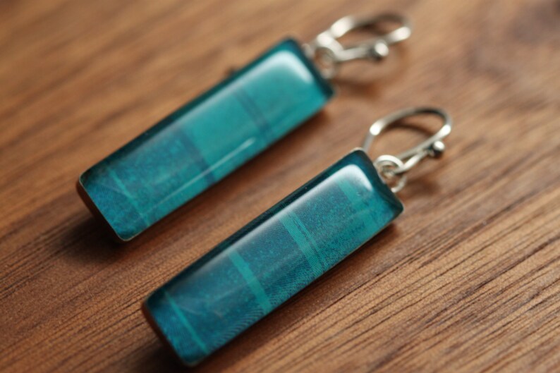 Ocean Blue earrings made from recycled Starbucks gift cards. sterling silver and resin. image 1