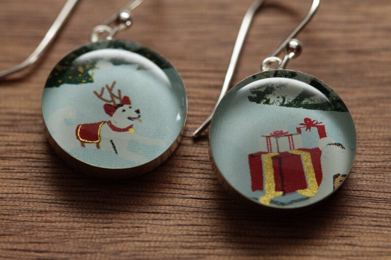 Reindeer Dog with holiday packages earrings made from recycled Starbucks gift cards. sterling silver and resin. image 1