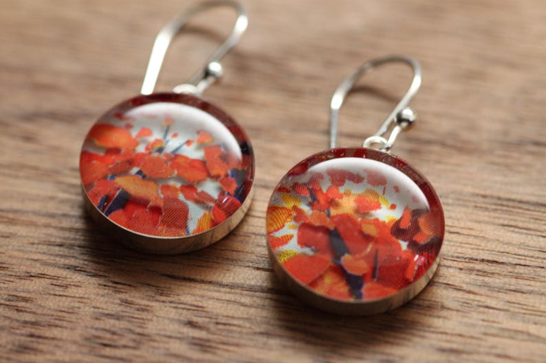 Fall leaves and October Dreams earrings made from recycled Starbucks gift cards. sterling silver and resin. image 1