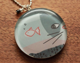 whimsical cat and goldfish necklace made from recycled Starbucks gift cards, sterling silver and resin.