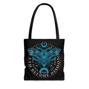 DBD Death Before Dishonor by Cat Olivia Apparel 12"x12" Tote Bag, Blue Moth Moon, Alt Goth Emo Metal Punk Rock Dark Black