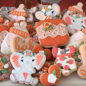 May include: A collection of decorated sugar biscuits featuring various shapes including baby elephants with floral crowns, baby bottles, onesies with rose patterns, hearts, and plaques with the word baby written in orange icing script.