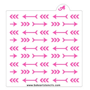 May include: A stencil sheet with multiple arrow designs. The arrows are in a variety of styles, including chevron, straight, and angled. The stencil is white with pink arrows. The text "www.bakeartstencils.com" is at the bottom of the stencil.