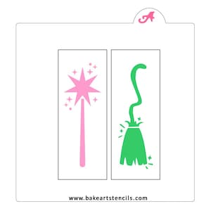 May include: Two stencils for baking, one with a pink wand and stars, and the other with a green broom and stars. The stencils are on a white background with the website www.bakeartstencils.com at the bottom.