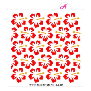 May include: A white stencil featuring a repeating pattern of red hibiscus flowers with yellow stamens. The stencil has a curved top with a pink letter "A" and the website address "www.bakeartstencils.com" at the bottom.