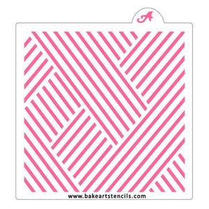 May include: A white stencil with a pink geometric pattern of intersecting lines. The design is a series of parallel lines that cross over each other at various angles. The website address www.bakeartstencils.com is printed at the bottom.
