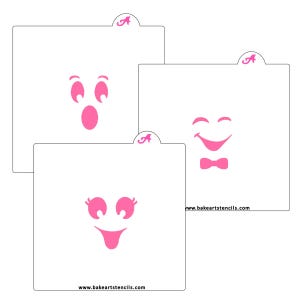 May include: Three white stencils with pink ghost face designs. Each stencil features a different expression: surprised, smiling with a bow tie, and sticking out its tongue. The stencils have a rounded top with a pink "A" logo.