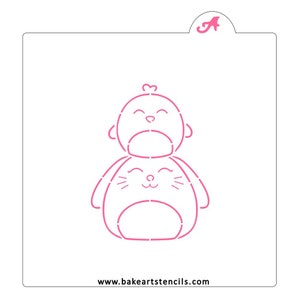 May include: A line art stencil of a cute cartoon penguin wearing a hat. The penguin is holding a heart in its flippers. The stencil is designed for use with edible frosting or paint.