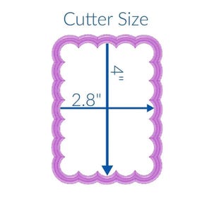 May include: A purple scalloped cookie cutter with a 4 inch by 2.8 inch measurement.
