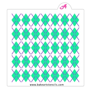 May include: A white stencil with a repeating argyle pattern. The argyle design features teal green diamonds intersected by purple lines. The website address www.bakeartstencils.com is printed at the bottom of the stencil.
