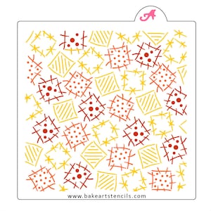 May include: A white stencil with a repeating pattern of squares, diamonds, and star shapes in yellow, orange, and red. The squares have a dotted design, and the diamonds have diagonal lines. The text "www.bakeartstencils.com" is at the bottom.