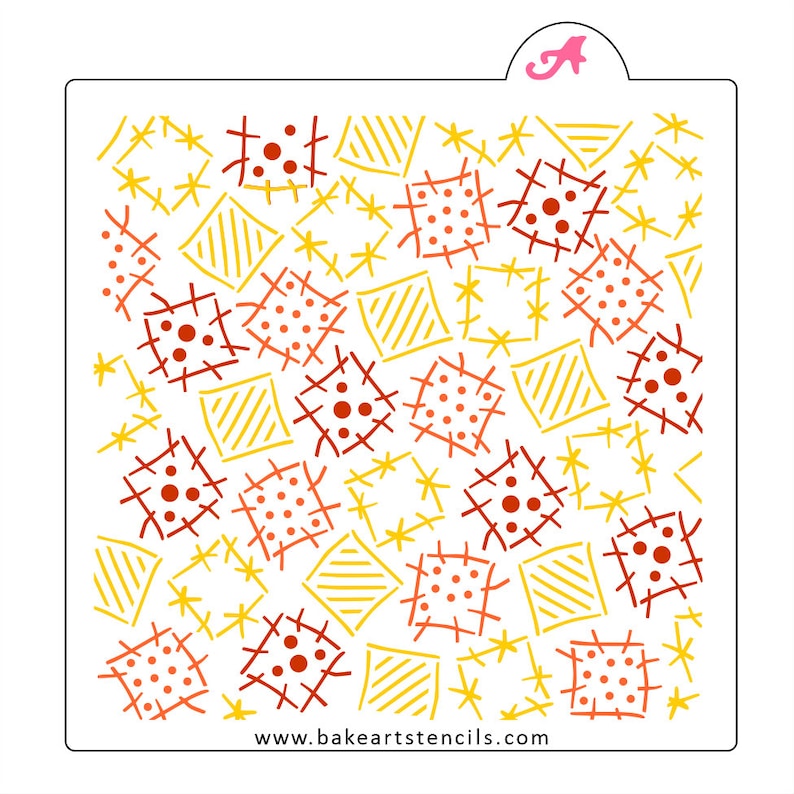 Peut inclure: Un pochoir blanc avec un motif r&eacute;p&eacute;t&eacute; de carr&eacute;s, de losanges et d'&eacute;toiles en jaune, orange et rouge. Les carr&eacute;s ont un motif pointill&eacute; et les losanges ont des lignes diagonales. Le texte "www.bakeartstencils.com" est en bas.