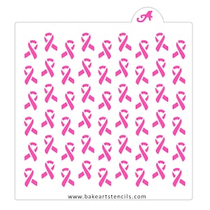 May include: Pink ribbon stencil with 36 individual ribbon designs. The stencil is made for use with icing, paint, or other mediums. The stencil is designed for use on cakes, cookies, or other baked goods. www.bakeartstencils.com