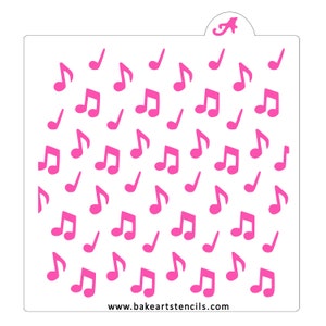 May include: A white plastic stencil with a repeating pattern of pink musical notes. The stencil is designed for use with frosting or other edible mediums to create a decorative design on baked goods. The text "www.bakeartstencils.com" is printed at the bottom of the stencil.