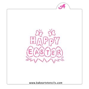 May include: A pink stencil for decorating cakes and cookies with the words "Happy Easter" and a design of Easter eggs.