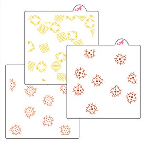 Peut inclure: Trois pochoirs carr&eacute;s blancs avec des motifs d&eacute;coratifs. Un pochoir pr&eacute;sente des formes g&eacute;om&eacute;triques jaunes, tandis que les deux autres ont des patchs cousus rouges avec des points. Chaque pochoir a un dessus incurv&eacute; avec la lettre rose "A".