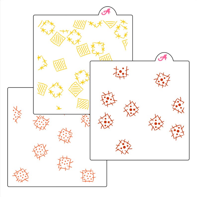 Peut inclure: Trois pochoirs carr&eacute;s blancs avec des motifs d&eacute;coratifs. Un pochoir pr&eacute;sente des formes g&eacute;om&eacute;triques jaunes, tandis que les deux autres ont des patchs cousus rouges avec des points. Chaque pochoir a un dessus incurv&eacute; avec la lettre rose "A".