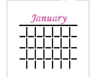 May include: A square stencil featuring the word January in pink script at the top, with a black grid calendar layout below. A small pink letter A is positioned on a tab at the top center. The text www.bakeartstencils.com is printed at the bottom.