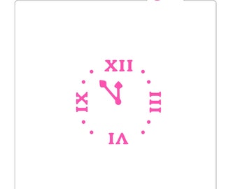 May include: A pink stencil of a clock face with Roman numerals and hands. The stencil is for decorating cakes and cookies. The text "www.bakeartstencils.com" is at the bottom of the stencil.