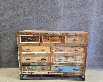 Solid Teak Wood Dresser, Multicolored, 9-Drawer Chest, 60" Long, Multicolored, Handmade in India