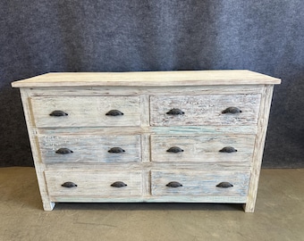 Solid Reclaimed Teak Wood Whitewashed 6-Drawer Dresser Bureau, 60" Long, Handmade in India