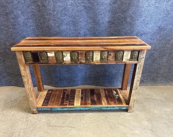 Reclaimed Teak Wood Console Table with Inlaid Brass Castings Buddhas, Drawers and Open Lower Shelf