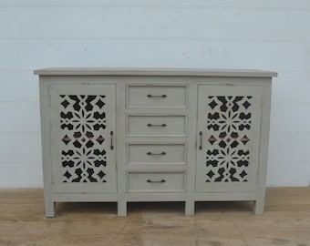 Solid Mango Wood Buffet Cabinet with Hand Carved Doors, and 4 drawers.