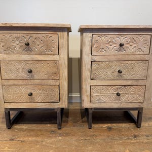 Pair of Carved Wooden 3-Drawer Nightstands / End Tables- 20” W X 12” D X 27” H - Handcrafted in India