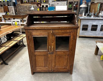 Vintage Reclaimed Teak Wood & Glass Cabinet with Open Top Shelf