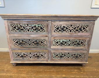 Hand Carved Rustic 6-Drawer Wooden Dresser / Credenza