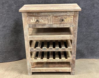 Solid Reclaimed Wood bar with 12-Bottle Freestanding Wine Rack with 2 drawers.