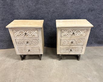 SET OF 2 (1 Pair) Solid Carved Mango Wood Nightstands Side Tables End Tables with 3 Drawers - 20” W X 12” D X 27” H - Handcrafted in India