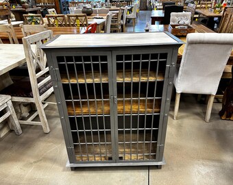 Solid & Iron Industrial Cabinet with Whitewashed Wood Top and Shelves.