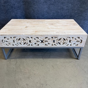 Hand-Carved Wooden Coffee Table with Modern Metal Base- Handcrafted In India