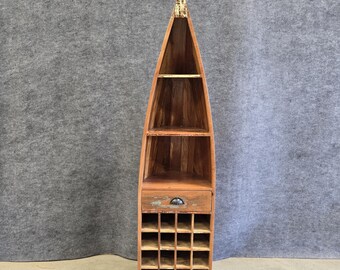 Solid Teak Wood Canoe Wine Rack with Open Shelves.