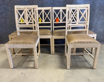 Rustic Farmhouse Dining Chairs with Leather Upholstery & Nailhead Trim