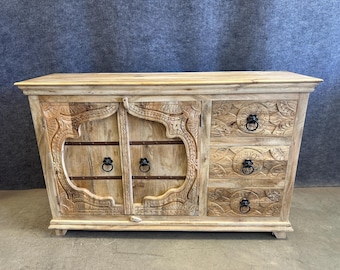 Solid Mango Wood Cabinet with Hand Carved Doors& Drawers, Sideboard, TV Stand