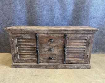 Solid Mango Wood Sideboard with Louver Doors, Black Iron Hardware and 3 Drawers