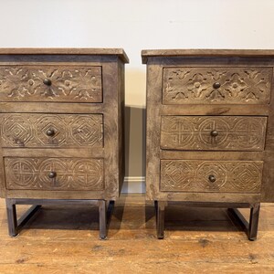 SET OF 2 (1 Pair) Carved Wood Nightstands / End Tables with Metal Legs- 20” W X 12” D X 27” H - Handcrafted in India